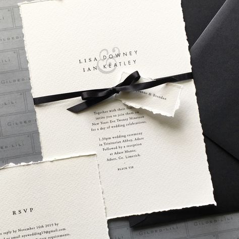 Black Tie Party Invitations, Wedding Invitations Tied With Ribbon, Ribbon Wrapped Invitations, Ribbon Tied Wedding Invitations, Black Tie Save The Date Ideas, Ribbon Around Wedding Invitation, Wedding Invitation Accessories, Ribbon Around Invitation, Formal Wedding Invitations Black Tie