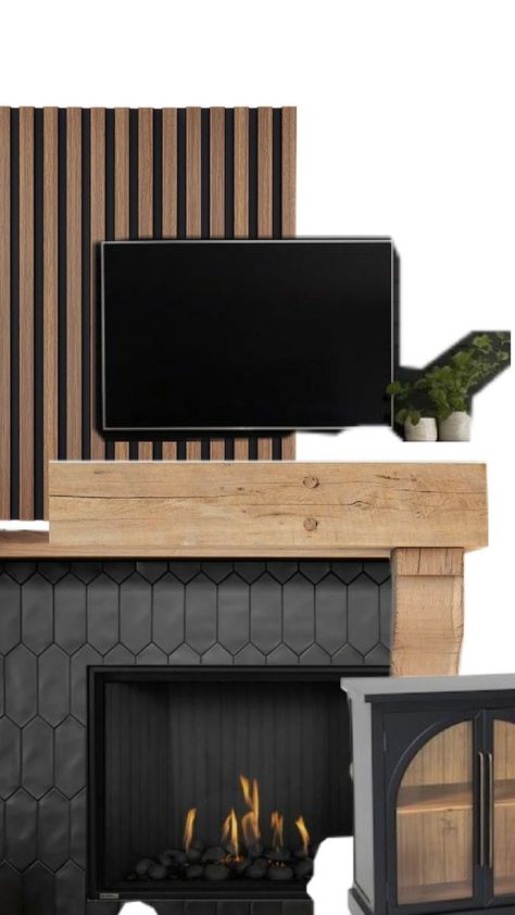 Vertical Slats Fireplace, Wood Slat Wall With Fireplace, Wood Slate Fireplace Wall, Slat Fireplace, Wood Slat Fireplace Wall, Wood Slat Wall, Focal Wall, Fireplace Remodel, Black Fire