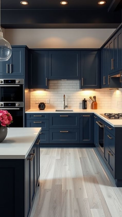 Explore 25 Eye-Catching Navy Blue Kitchen Cabinets for a Modern Makeover and find the perfect design for your home! Whether you want Dark Blue Painted Kitchen Cabinets or a Navy Blue Kitchen With Wood Countertops, these ideas inspire. Kitchen With Wood Countertops, Blue Painted Kitchen Cabinets, Navy Blue Kitchen Cabinets, Wood Countertops Kitchen, Navy Blue Kitchen, Painted Kitchen Cabinets, Blue Kitchen Cabinets, Lake House Plans, Painted Kitchen