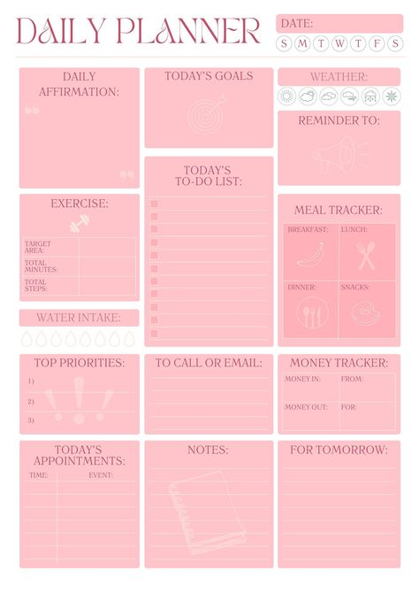 Digital Daily Planner - Blush financeplanner #fitnessplanner #plannerlover #bestplannersformoms😴. Daily Planner Layout, Pink Daily Planner, Best Planners For Moms, Daily Planner Diy, Daily Planner Book, Planners Ideas, Digital Planner Ideas, Ebook Template Design, Cute Daily Planner