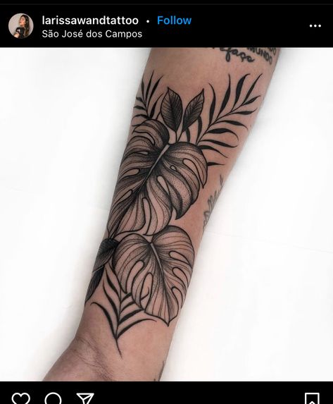 Black Silouette Tattoo, Sunflower And Leaves Tattoo, Aroid Plant Tattoo, Forearm Plant Tattoo Women, Tropical Wrist Tattoo, Plant Sleeve Tattoo Women, Monstera Forearm Tattoo, Monstera And Fern Tattoo, Plant Theme Tattoo