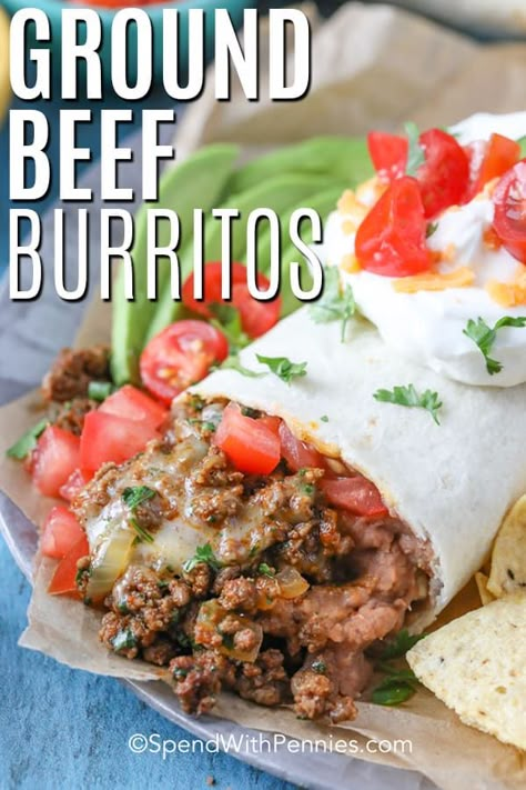 Ground burritos are a quick and easy weeknight meal. Made with taco seasoning, ground beef, and tortilla, this recipe is easily customizable with your favorite toppings! Just load them in, fold this burrito like a pro, and enjoy your classic Mexican ground beef burrito! #spendwithpennies #groundbeefburrito #burritorecipe #Mexican #groundbeefrecipe #burrito Ground Beef Fajitas Recipes, Ground Beef Tortilla Wraps, Healthy Burritos Recipe, Burrito Filling Ground Beef, Best Ground Beef Burrito Recipe, Mexican Beef Burrito Recipes, Recipe For Burritos Ground Beef, Burittos Recept, Meat Burritos Ground Beef