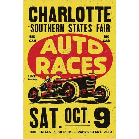 Bring the excitement of auto racing into your home with this stunning vintage poster printed on wood! This vintage poster art features a 1940s ad for auto races at the Charlotte Southern States Fair. The art is printed on a sturdy wooden panel and is available in three sizes. It is ready to hang without framing and comes with two ¼ inch batons on the back to raise it off the wall. This print is a great way to add a touch of vintage style to your home. It would also make a unique and thoughtful g Auto Racing Posters, Vintage Racing Poster, Vintage Banner, Ad Poster, Vintage Advertising Posters, Racing Posters, Vintage Poster Art, State Fair, Vintage Advertisement