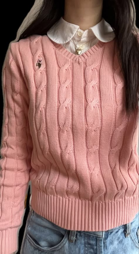 Womens Polo Outfit, Coquette Knit Sweater, Pink Sixth Form Outfits, Us Polo Assn Outfit, Ralph Lauren Coquette, Pink Polo Sweater Outfit, Polo Cable Knit Sweater Outfit, Preppy Pink Clothes, How To Style Cable Knit Sweater