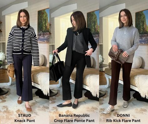 My Thoughts on the Kick Flare Pants Trend - by Kelly McCoyd Spring Fitted Flares With Five Pockets, Kick Flare Corduroy Pants, Spring Non-stretch Flared Hem Pants, Sporty Flare Pants With 4-way Stretch, Kick Flare Pants, Flare Outfit, Pants Trend, Cropped Flare Pants, Pant Trends