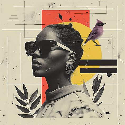 A surreal and quirky art collage featuring a person in sunglasses with a bird perched on their head, surrounded by abstract shapes.  #ArtsyAF #SurrealVibes #QuirkyArt #CollageMagic #OrangeSlicePortrait #FlowerPower #ProfilePicGoals #ArtisticVision #PinterestInspo #CreativeCollage #collage