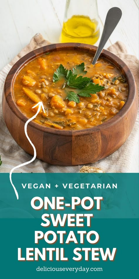 Sweet Potato Lentil Recipes, Stewed Lentils, Sweet Potato Stew Recipes, Lentil Sweet Potato Recipes, Sweet Potato Recipes Vegetarian, Soup Sweet Potato, Sweet Potato Stew Vegetarian, Lentil And Sweet Potato Recipes, One Pot Lentil Soup