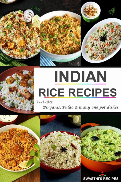 Indian Rice Recipes (Variety Rice Dishes) - Swasthi's Recipes Indian Vegetarian Rice Dishes, Indian Spicy Rice, Rice Varieties Indian, India Rice Recipes, Indian Food Recipes Rice, Indian Rice Dishes, Carrot Rice Recipes Indian, Easy Indian Rice Recipes, One Pot Rice Meals Vegetarian