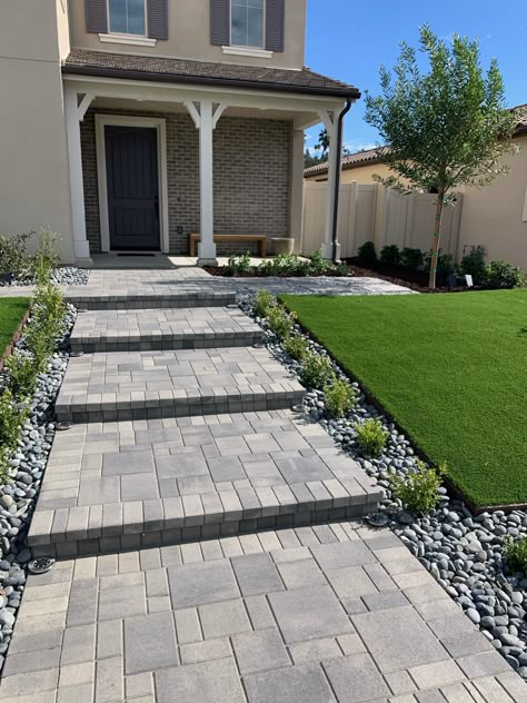 Front House Entrance Landscaping, Front Walkway Steps Ideas, Long Steps To Front Door, Wide Front Steps Entrance, Cobblestone Front Yard, Paved Front Porch, Stairs Leading To Front Door Entrance, Front House Paving Ideas, Front House Walkway Ideas