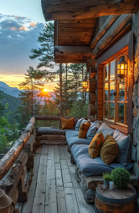 70s Cabin Aesthetic, Veranda Ideas, Living Room Rug Placement, Cozy Balcony, Mountain Home Exterior, Dream Bedroom Inspiration, Cabin Aesthetic, Log Cabin Ideas, Romantic Cabin