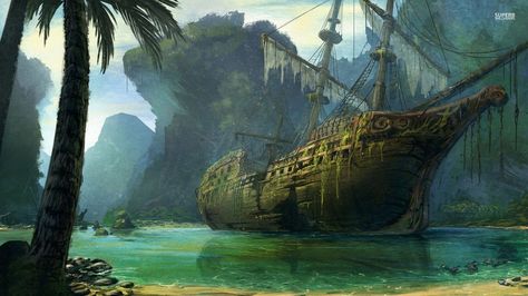 art: fantasy (pirate?) shipwreck on island Ship Architecture, Pirate Stuff, Game Banner, John Howe, Pirate Island, Pirates Life, Pirate Ships, Bateau Pirate, Sea Of Thieves