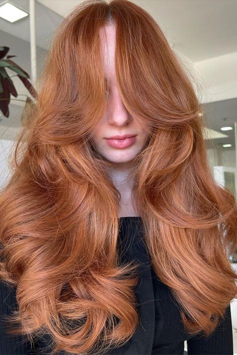 bright copper hair color, hair color, hair color ideas, hair color trends, hair color trends 2024, bronde hair, blonde hair, brunette hair Level 6 Copper Hair, Copper Hair Bangs, Muted Copper Hair, Blinding Bangs, Terracotta Hair, Short Flippy Hairstyles, Flippy Hairstyles, Layers Curtain Bangs, Bright Copper Hair