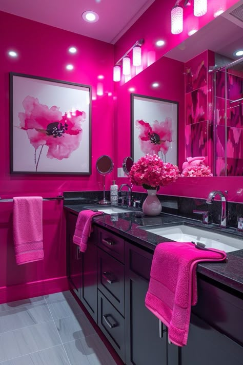 29 Enchanting Girly Bathroom Decor Ideas for a Whimsical Touch 5 Studio Apartment Ideas Aesthetic, Colorful Bathroom Decor Ideas, Slumber Pod, Black And Pink Bathroom, Black And Pink Decor, Black And Pink Background, Hot Pink Bathroom, Girly Bathroom Decor, Neutral Backgrounds