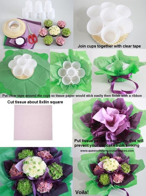 Share this Flower Cupcake Bouquet tutorial x Cupcake Bouquet Tutorial, Cupcake Flower Bouquets, Cupcakes Flores, Making Paper Flowers, Cupcakes Design, Cake Bouquet, Bouquet Tutorial, Decorações Com Comidas, Couture Cakes