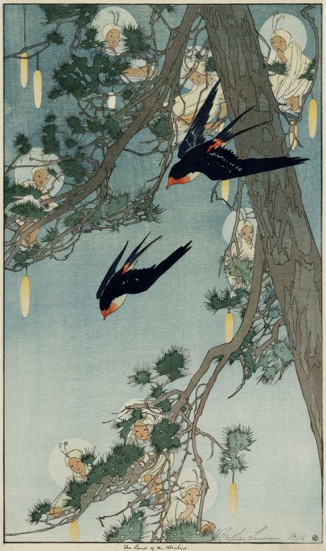 lilacs and wild geese: Bertha Lum (United States 1869-1954) Land of the... Art Chinois, Black Birds, Art Japonais, Japanese Woodblock Printing, Sumi E, Japanese Prints, Woodblock Print, Bluebird, New Wall