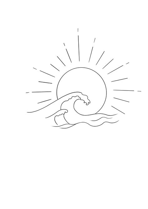 Sun And Wave Drawing, Sun And Waves Drawing, Sun With Wave Tattoo, Waves And Sun Tattoo, Sun Ocean Tattoo, Sun Lineart, Sun And Sea Tattoo, Wave Sun Tattoo, Surfer Tattoo Ideas