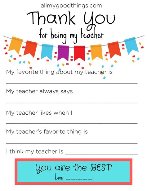 Teacher Appreciation Week Printable - All My Good Things Why I Love My Teacher Printable, Teacher Appreciation Interview, Teacher Appreciation Questions For Kids, My Teacher Is The Best Because, Catholic Schools Week Teacher Appreciation, What I Love About My Teacher, I Love My Teacher Because Printable, All About My Teacher Free Printable, Teacher Appreciation Week Printables