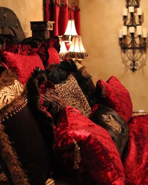 Red Silk Sheets Aesthetic, Bedroom Red Decor, Black And Red Bedding, Red And Leopard Print Room, The Red Room Aesthetic, Red And Brown Room, Red Black And Gold Bedroom, Dark Red Decor, Red And Cheetah Bedroom