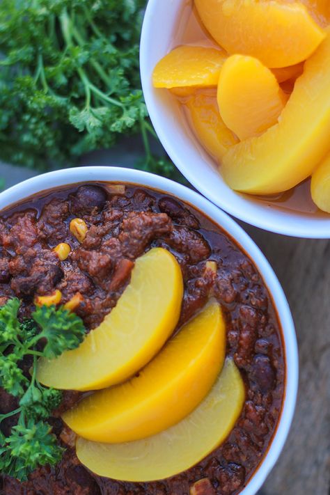 Chipotle Peach Chili Recipe | Sponsored by California Cling Peaches | Food Bloggers of Canada Peach Chili, Well Stocked Pantry, Chili Food, Stocked Pantry, Barley Salad, Door Vinyl, Trendy Food, Chilli Recipes, Iron Chef