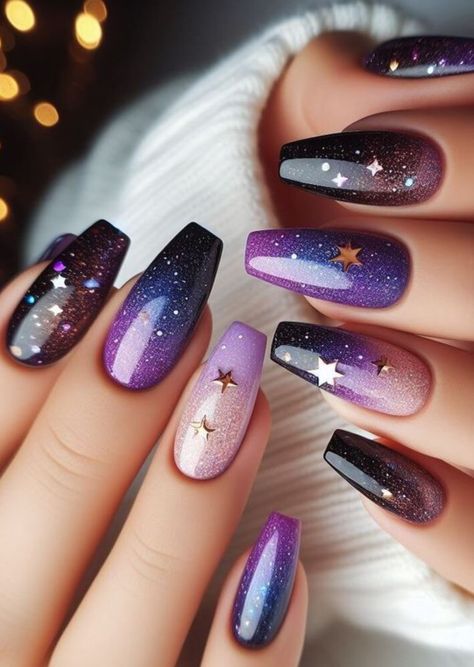 Dark Purple Ombre Nails, Cosmos Nails, Space Nails Galaxy, Purple Galaxy Nails, Eye Galaxy, Nails Galaxy, Galaxy Nail Art, Galaxy Nails, Ombre Nail Designs