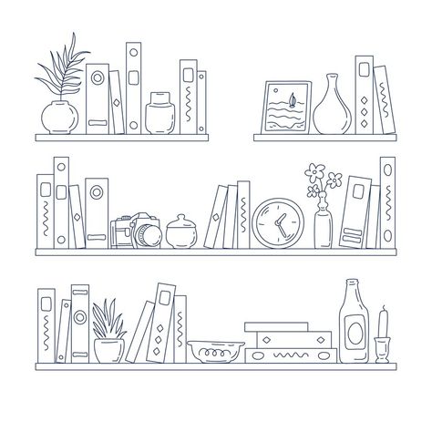 р Bookshelf Art Drawing, Bookshelf Tattoo Ideas, Draw Bookshelf, Bookshelf Doodle, Shelves Drawing, Bookshelf Drawing, 2d Cafe, Reading Cafe, Doodles Stickers