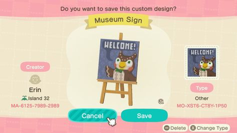 Welcome Museum Sign - Animal Crossing Pattern Gallery & Custom Designs Museum Codes Animal Crossing, Acnh Museum Sign Design, Animal Crossing Museum Sign, Acnh Museum Sign Code, Museum Sign Animal Crossing, Acnh Museum Design Codes, Acnh Museum Sign, Welcome Sign Acnh, Animal Crossing Welcome Sign