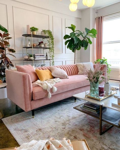 Blush Sectional Living Rooms, Pink Couch Boho Living Room, Pink Couch Living Room Ideas Bohemian, Rose Couch Living Room, Pink Couch Office Ideas, Midcentury Glam Interior Design, Light Pink Sofa Living Room Ideas, Pink Couch Office, Pink Velvet Sofa Living Room