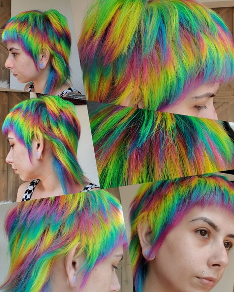 Rainbow mullet created with Danger Jones color using the bubble technique Colorful Mullet Hair, Colorful Mullet Women, Rainbow Mullet Hair, Colourful Mullet, Rainbow Mullet, Orange Rainbow Hair, Non Binary Haircuts, Rainbow Hair Color, Beauty Foods