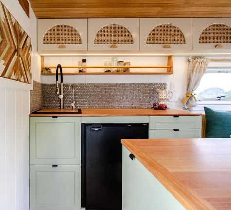 Incredible Camper Van Home Ideas – Forbes Home Van Home Ideas, Campervan Kitchen, Vintage Trailer Remodel, Camper Van Kitchen, Van Kitchen, Camper Kitchen, Bus Interior, Two Tone Kitchen, Round Tiles