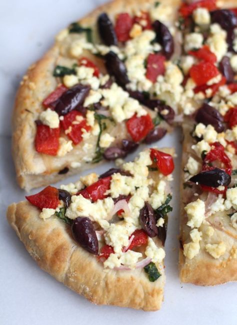 Greek Pizza with Feta, Spinach and Olives - Inquiring Chef