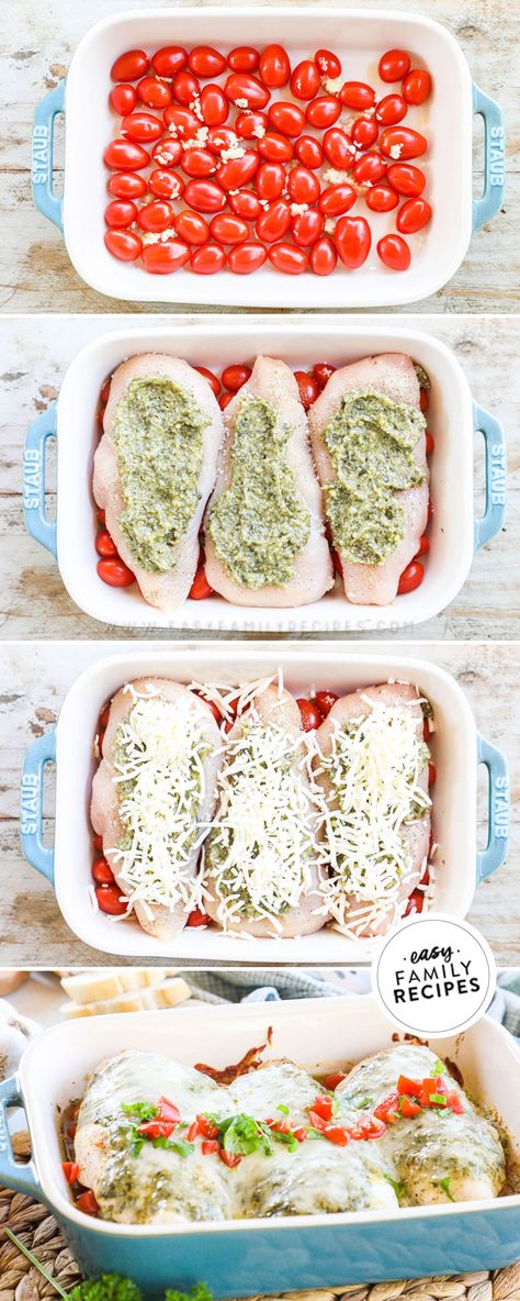 Big Italian flavor! My Pesto Chicken Bake with fresh tomato sauce is a one pan dinner that’s perfect for either busy weeknight meals or for wowing your guests. It’s always a hit! Fresh cherry tomatoes and cheesy mozzarella topped pesto chicken breasts bake together in the same pan at the same time for layers of amazing flavor. How could you not love a one-pan chicken dinner this flavorful? This is an easy chicken breast recipe that you and the family will never tire of. Chicken With Cherry Tomatoes Recipe, Pesto Chicken Bake, Pesto Chicken Breast, Basil Pesto Chicken, Baked Pesto Chicken, Cherry Tomato Recipes, Fresh Cherry, Fresh Tomato Sauce, One Pan Dinner