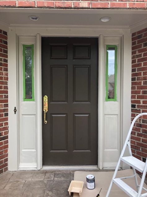 Taupe Front Door Brick House, Painted Entry Doors, Black Front Door Colors Sherwin Williams, Satin Vs Semi Gloss Front Door, Dark Brown Painted Front Door, Brown Exterior Door Paint Colors, Painted Front Doors With Sidelights, Painting Front Door With Sidelights, Painted Brown Front Door