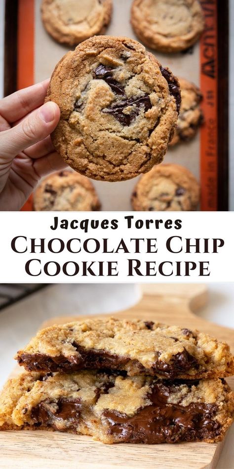 jacques torres chocolate chip cookies on pan and cut in half. Jacque Torres Cookies, 72 Hour Chocolate Chip Cookie, French Chocolate Chip Cookies, Best Chocolate Cookies Ever, Guittard Chocolate Chip Cookies, Original Cookie Company Recipes, Jaques Torres Chocolate Chip Cookies, Craig’s Cookies Recipe, Dark Brown Sugar Chocolate Chip Cookies