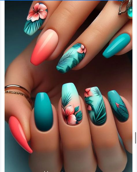 Tropical Nails Design, Luau Nails, Spirit Nails, Hawaiian Nails, Nail Inspired, Vacation Nails Beach, Sunflower Nail Art, Chrome Designs, Nails Styles