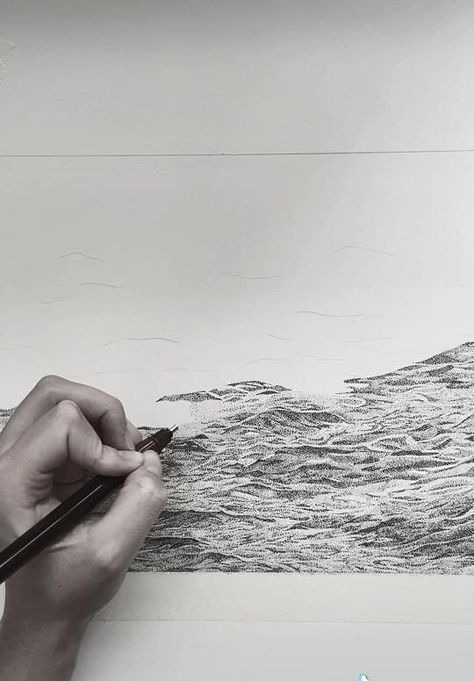 Water Stippling Art, How To Draw The Ocean In Pencil, Ocean Stippling Art, Ocean Drawing Pencil, Sea Drawing Pencil, Ocean Pencil Drawing, Wave Drawings, Dot Drawings, Stipple Art