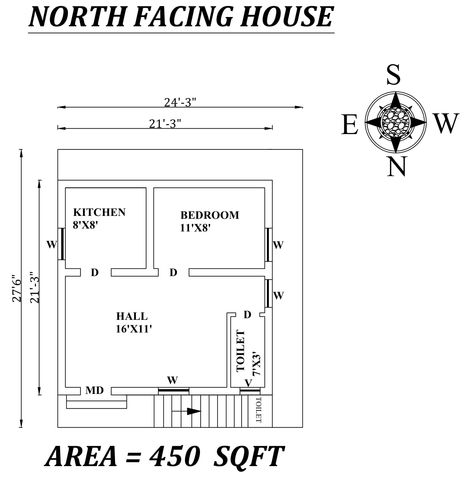 This Autocad Drawing file shows 24'3"X 27'6" 1bhk North facing Small House plan As Per Vastu Shastra. The total buildup area of this house is 450 sqft. The kitchen placed in Southeast direction, The Hall Placed in the Northeast direction. The master bedroom is available in the southwest direction. Common Toilet is available in the northwest. A staircase is available in the northwest outside of the house. Download Autocad Drawing file and PDF file. Small 1 Bhk House Plan, 450sqft House Plan, One Bhk House Design, 1 Bhk Plan, 1 Bhk House Plan, 1bhk House Plan, North Facing House Plan, Mini House Plans, 20x30 House Plans