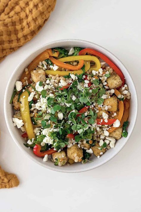 Mediterranean Couscous Tofu Salad Warm Salad Recipes, Mediterranean Couscous, Tofu Recipes Vegan, Tofu Salad, Warm Salad, Healthy Carbs, Extra Firm Tofu, Lunch Salads, Tofu Recipes