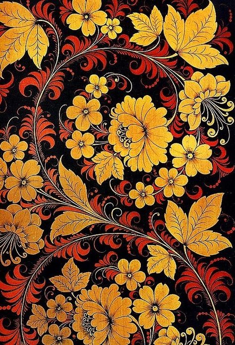 Traditional Flower Painting, Russian Art Traditional, Khokhloma Tattoo, Ukranian Folk Art, Russian Flowers, Russian Pattern, Ukrainian Folk Art, Vinyl Record Art Ideas, Wedding Album Cover Design