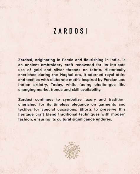 ✨ The Art of Zardosi ✨ Originating from Persia and flourishing in India, Zardosi is an ancient embroidery craft celebrated for its intricate gold and silver threads. Once adorning royal attire during the Mughal era, it continues to symbolize luxury and timeless elegance. At Richa Ahluwalia, we cherish this heritage by blending traditional techniques with modern fashion, ensuring the cultural significance of Zardosi endures. #Zardosi #HeritageCraft #LuxuryEmbroidery #RichaAhluwalia #Cultura... Ancient Embroidery, Royal Attire, Clothing Labels Design, Zardosi Embroidery, Labels Design, Heritage Crafts, Embroidery Craft, Clothing Labels, Traditional Techniques