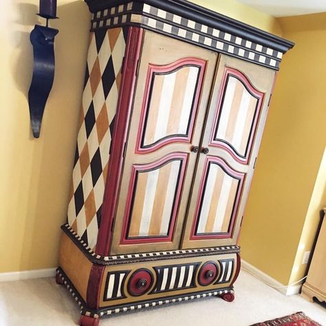 Harlequin Patterned Furniture and Art Pieces - Tracey's Fancy Mackenzie Childs Furniture, Mackenzie Childs Diy, Mackenzie Childs Inspired, Patterned Furniture, Whimsical Furniture, Harlequin Pattern, Dresser Sets, White Farmhouse, Wardrobe Armoire