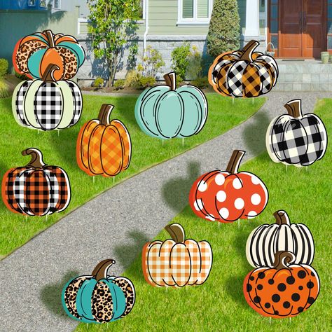 PRICES MAY VARY. 🍂 【Pumpkin Yard Stakes】 Package includes 12 different shapes in different colors of pumpkins and comes with 24 plastic stakes. Our colorful pumpkins are perfect for Halloween or Thanksgiving decorations and are a beautiful addition to any fall lawn display. 🍂 【Premium Material & Bright Color] Made of quality 5mm thick corrugated plastic cardboard. Advanced printing techniques make them bright and vibrant. A colorful tone can bring a strong atmosphere of festive gaiety. Also, T Different Colored Pumpkins, Fall Yard Signs, Thanksgiving Outdoor Decorations, Outdoor Pumpkin Decor, Outside Fall Decorations Front Yards, Scarecrow Painting, Outside Fall Decorations, Fall Lawn, Colorful Pumpkins