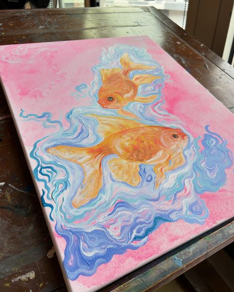 Swipe to unpaint the fishies 👉🏼 This was my first time properly painting goldfish using acrylic, before I’d only ever painted them with watercolors. And let me just say I liked using acrylic soooo much more (also I’m resisting the urge to name this one “Us as Fish II,” please give me name suggestions 😂) Painting Koi Fish Acrylics, Painted Goldfish, Goldfish Painting, Resisting The Urge, Goldfish Art, Name Suggestions, Elephant Painting, Painting Inspo, Canvas Ideas