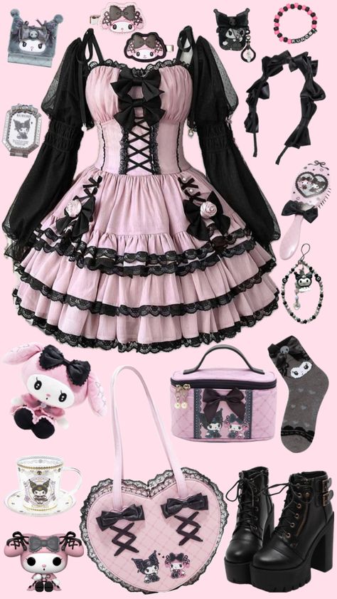 #lollita #kawaii #kawaiiaesthetic #kawaiicore #mymelody #mymelodyandkuromi #kuromi #kuromiandmelody #pink #black #lacey Kuromi Outfit Aesthetic, Kuromi Aesthetic Outfit, Kuromi Outfit, Kuromi Clothes, Cute Emo Outfits, Punk Fashion Diy, Pink Goth, Pastel Goth Outfits, Karakter Sanrio