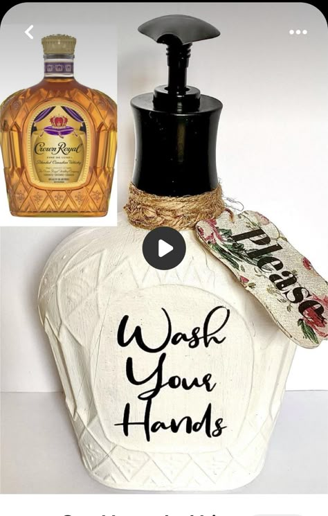 Recycled Liquor Bottles Diy Ideas, Whiskey Bottle Soap Dispenser Diy, Reuse Liquor Bottles Diy, Repurposed Wine Bottles Diy, Cricut Liquor Bottle, Diy Western Kitchen Decor, Crown Royal Pumpkin Bottle, Crown Bottle Ideas, Repurpose Crown Royal Bags