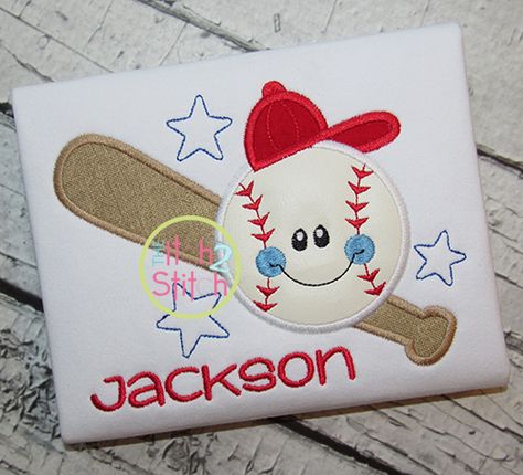 I2S Happy Baseball Applique design Baseball Font, Baseball Quilt, Baseball Applique, Burp Clothes, Designs By Juju, Baseball Bats, Home Plate, Embroidered Shirts, Baby Sewing Projects