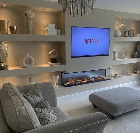 Small Tv Wall Ideas, Fireplace Alcove Ideas, Narrow Living Room Ideas, Wall Alcove, House Uk, Living Room Built Ins, White Lounge, Narrow Living Room, House Interior Decor Ideas