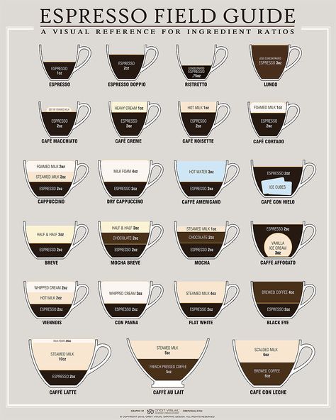 Order The Espresso Field Guide Poster! So today I posted this image on my facebook page in order to help you visualize what the difference is between different espresso and coffee based drinks.  Although there are some regional variances, this espresso field guide is very accurate. There are other more popular image guides, … Espresso Recipes, Coffee Guide, Types Of Coffee, Halo Halo, Espresso Drinks, Coffee Coffee Coffee, Coffee Type, About Coffee, Coffee Cafe