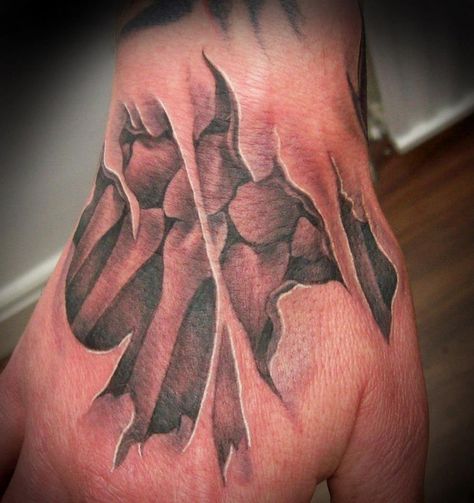 Rip Skin Tattoo on hand Ripped Skin Tattoo For Men, Ripping Out Of Skin Tattoo, Ripped Skin Drawing, Skin Tear Tattoo Design, Ripped Skin Tattoo Stencil, Tear Tattoo, Skin Tear Tattoo, Skin Tear, Ripped Skin Tattoo