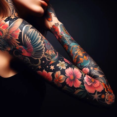 I will draw custom tattoo design , full sleeve tattoo design artist, #artist, #ad, #sleeve, #full, #ad Dark Colorful Tattoos, Asian Tattoos For Women Sleeve, Dark Colour Tattoo, Negative Space Sleeve Tattoo, Womens Full Back Tattoos, Feminine Tattoos Sleeve Colorful, Black And Color Tattoo, Colorful Sleeve Tattoos For Women, Color Sleeve Tattoo Women