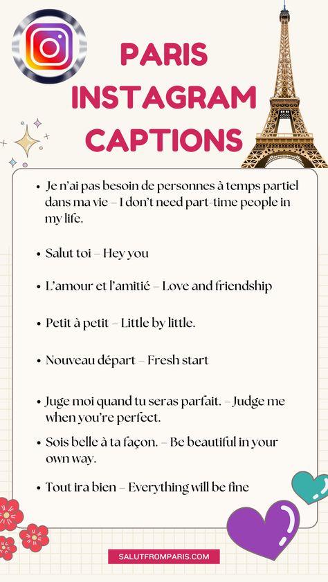 Looking for French captions for Instagram that’ll elevate your next post? This curated list of 84 French captions covers everything – from sassy and romantic quotes to French travel captions for your Paris selfies! Perfect for a fun Instagram story or a heartfelt birthday post, each caption includes an English translation. Make your French captions stand out today! Romantic French Quotes, French Captions For Instagram, French Captions, One Word Captions, French Love Quotes, Paris Quotes, Spice Up Your Love Life, One Word Caption, French Travel